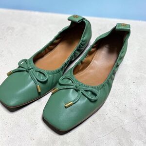 Tory Burch Ballet Flats Womens 7.5 Patina Napa Leather Bow Square Toe Slip On